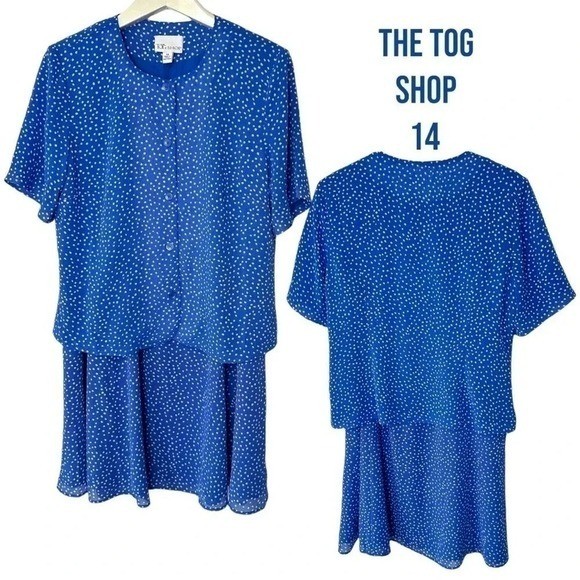 The Tog Shop Skirt Suit 14 Blue Polka Dot Short Sleeve Button Up Vintage Set
