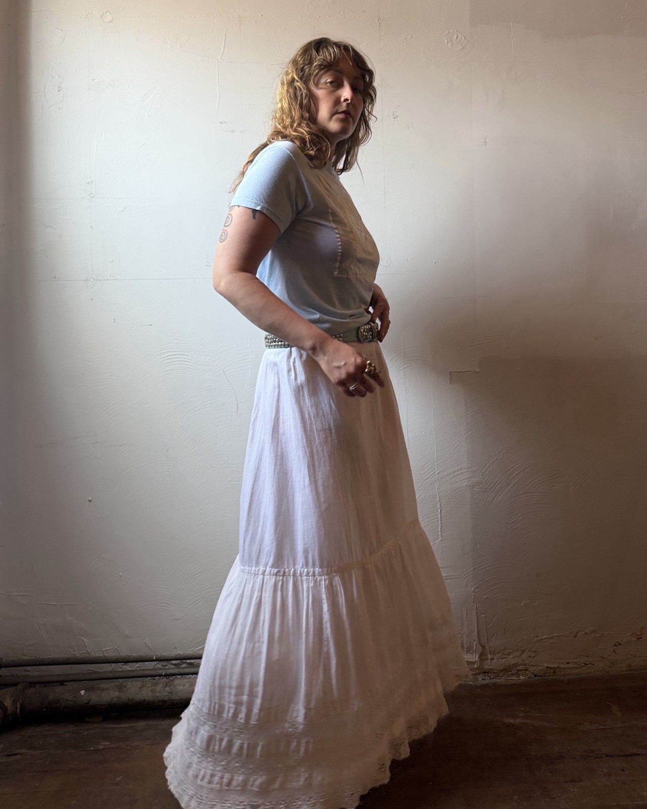 Antique Edwardian Cotton Lace Insert Tiered Skirt – M/L – 33” Waist