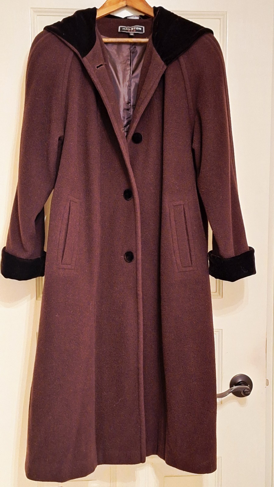 Halston Wool Hooded Coat In Chocolate Brown With Black Velvet Trim and Buttons.