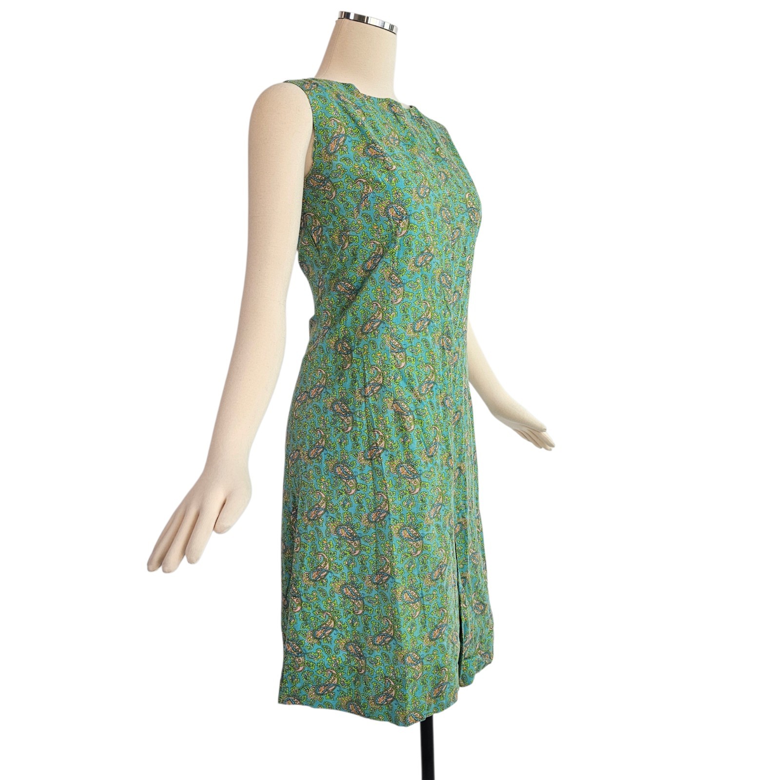 Vintage 1960’s Dress Housedress Shift Blue Green Pink Paisley Sleeveless Retro