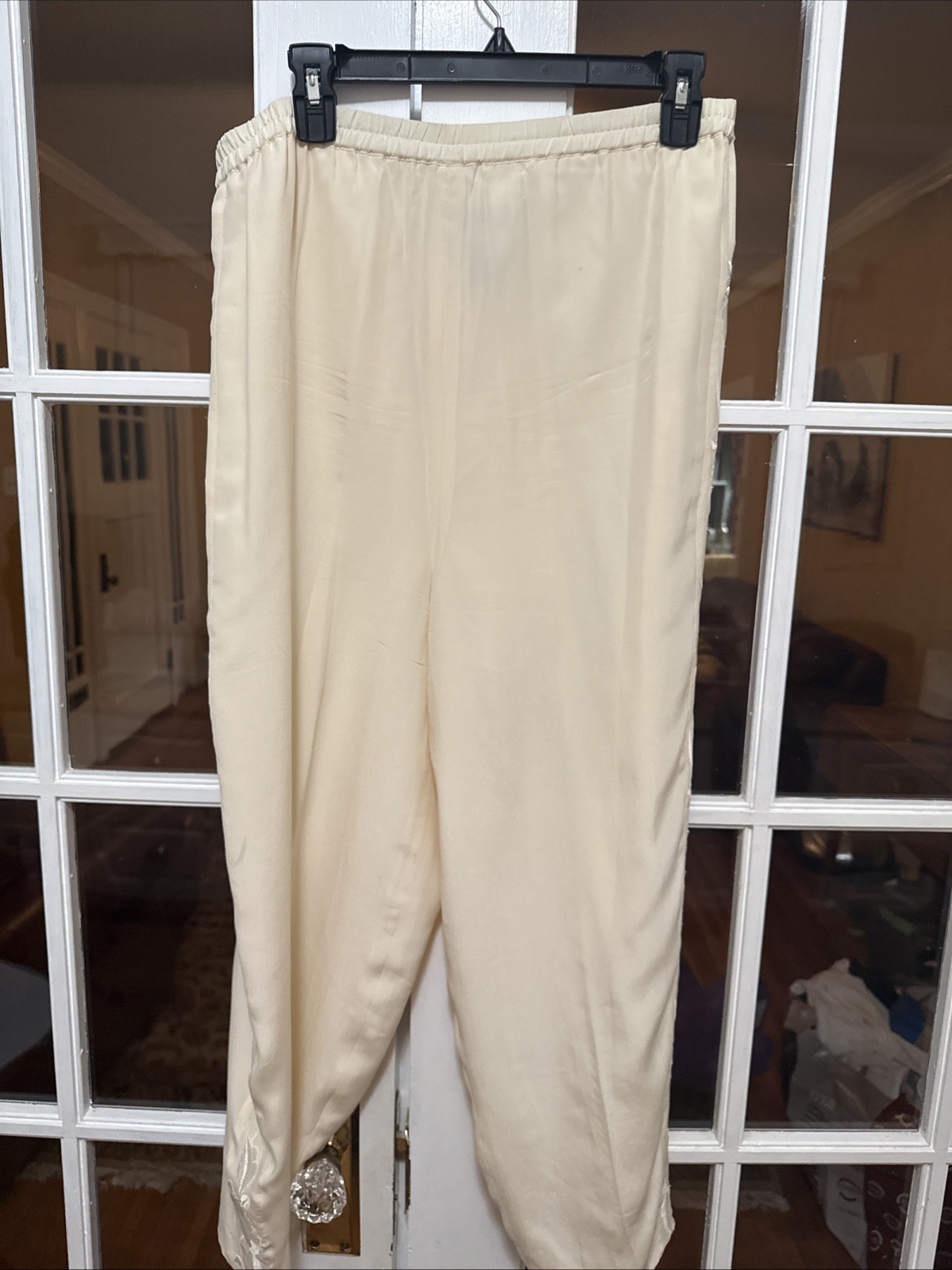 Vintage Bonnie Boerer unlimited ivory silk lounge pants embroidered sides size M