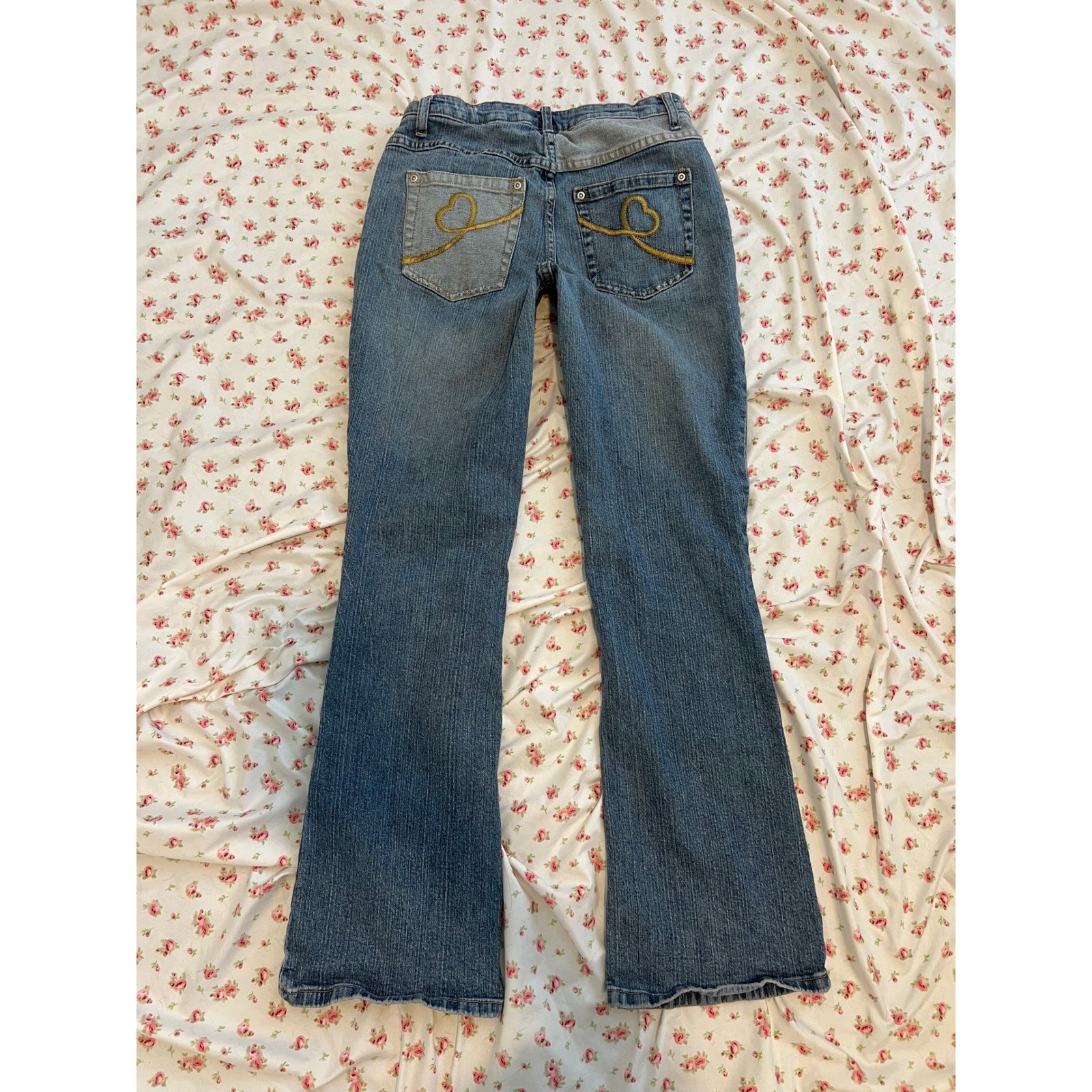 vintage low rise heart patchwork bootcut flare jeans