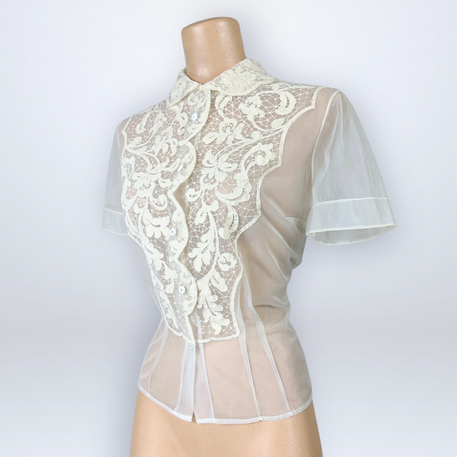 Vintage 1950s Alice Stuart Sheer White Illusion Lace Flock Printed Blouse Top
