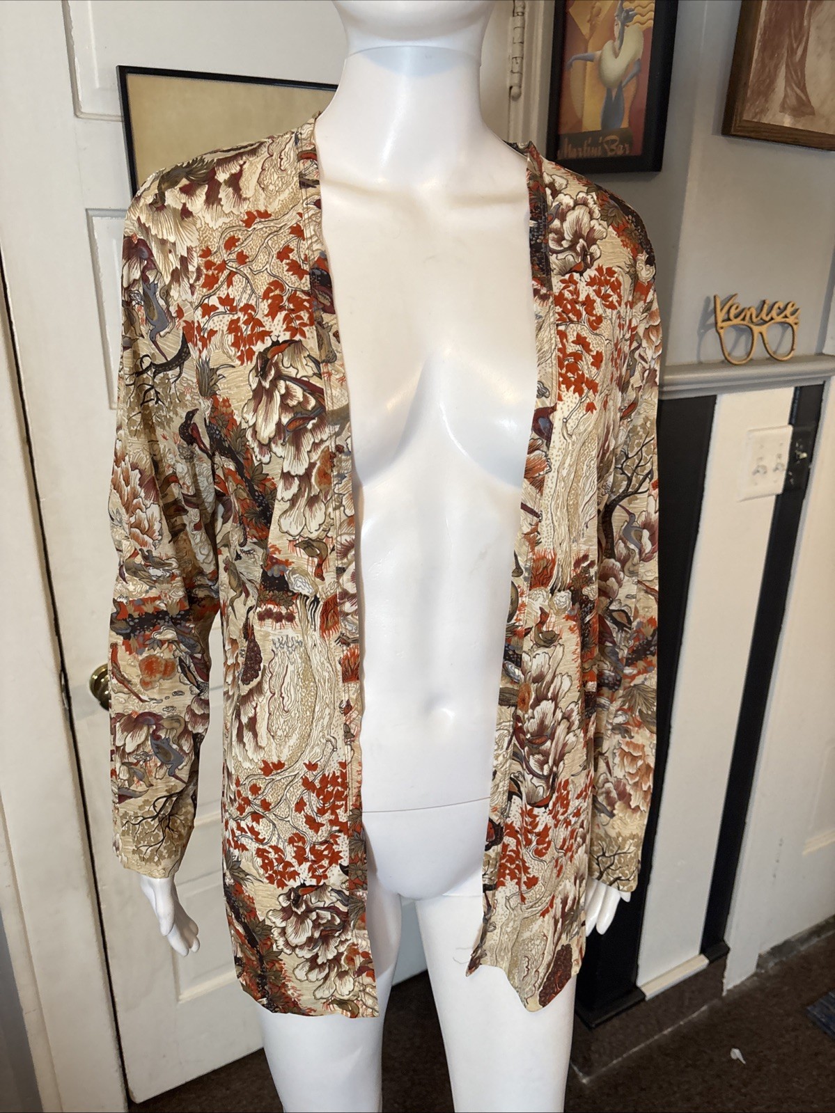 VTG 70s Union Made USA Women’s Lightweight Top Cover Up Asian Graphic Brown BOHO