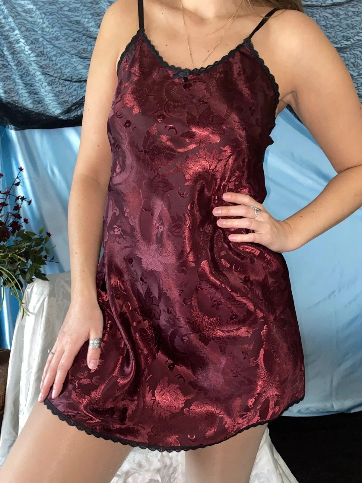 VTG SATIN SHINY garnet RUBY flowers Dress slip babydoll Gown Dress M