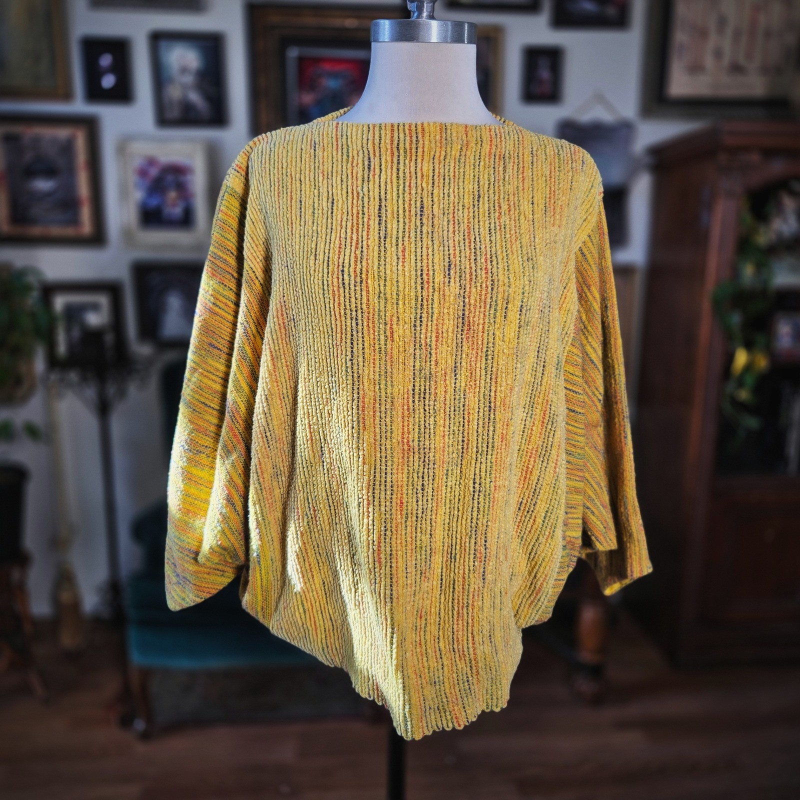 Chenille Yellow Sweater Vintage 90s Speckled Oversized Textured Dolman Sleeves L