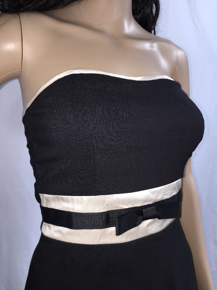 Vintage 90s BCX Strapless Party Dress Juniors Size 5 Black Ivory Satin Trim Bow