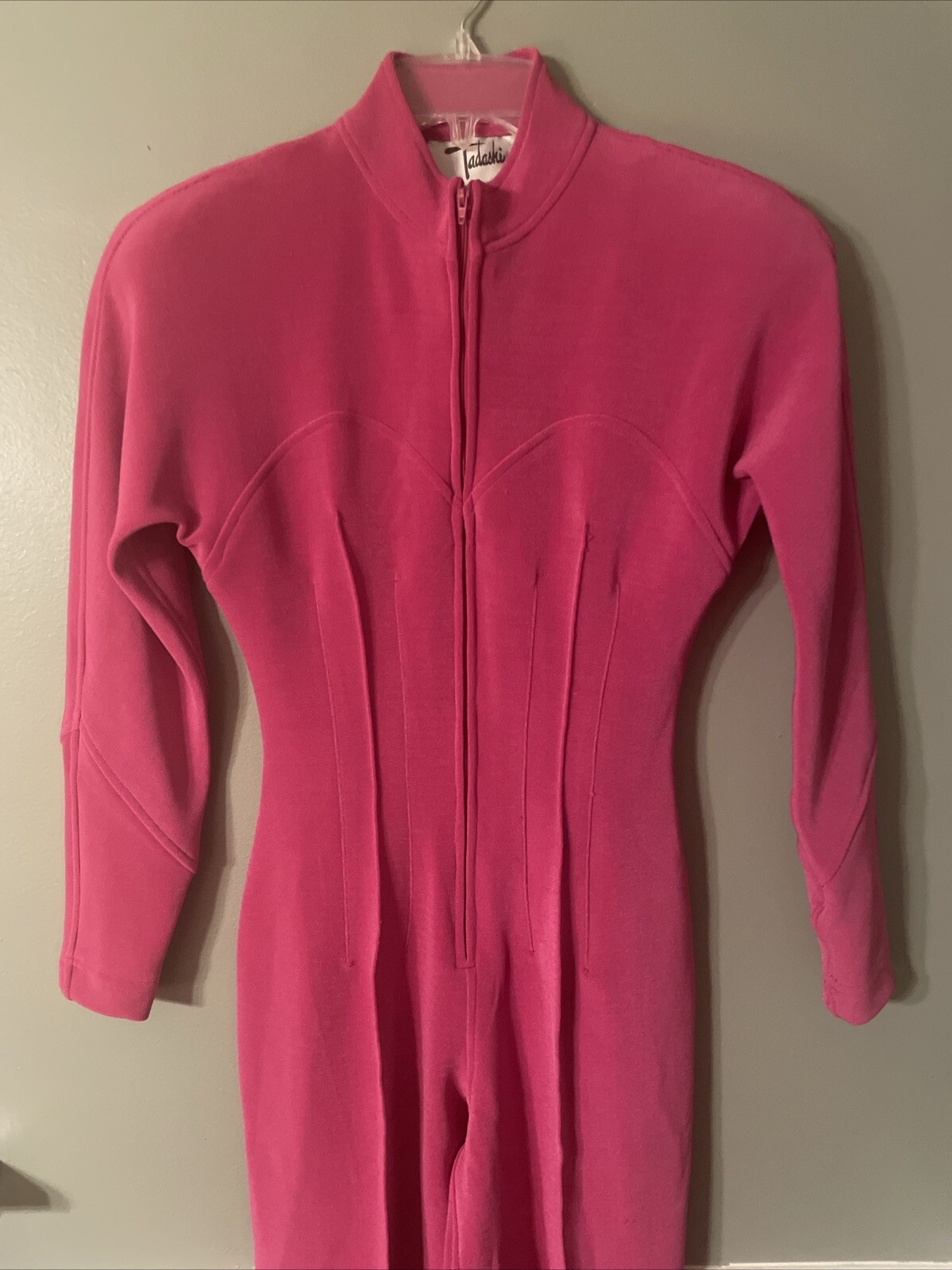 Vtg Tadaski Hot Pink Zippered Jumpsuit Shoulder pads And Stirrups Size S Rare