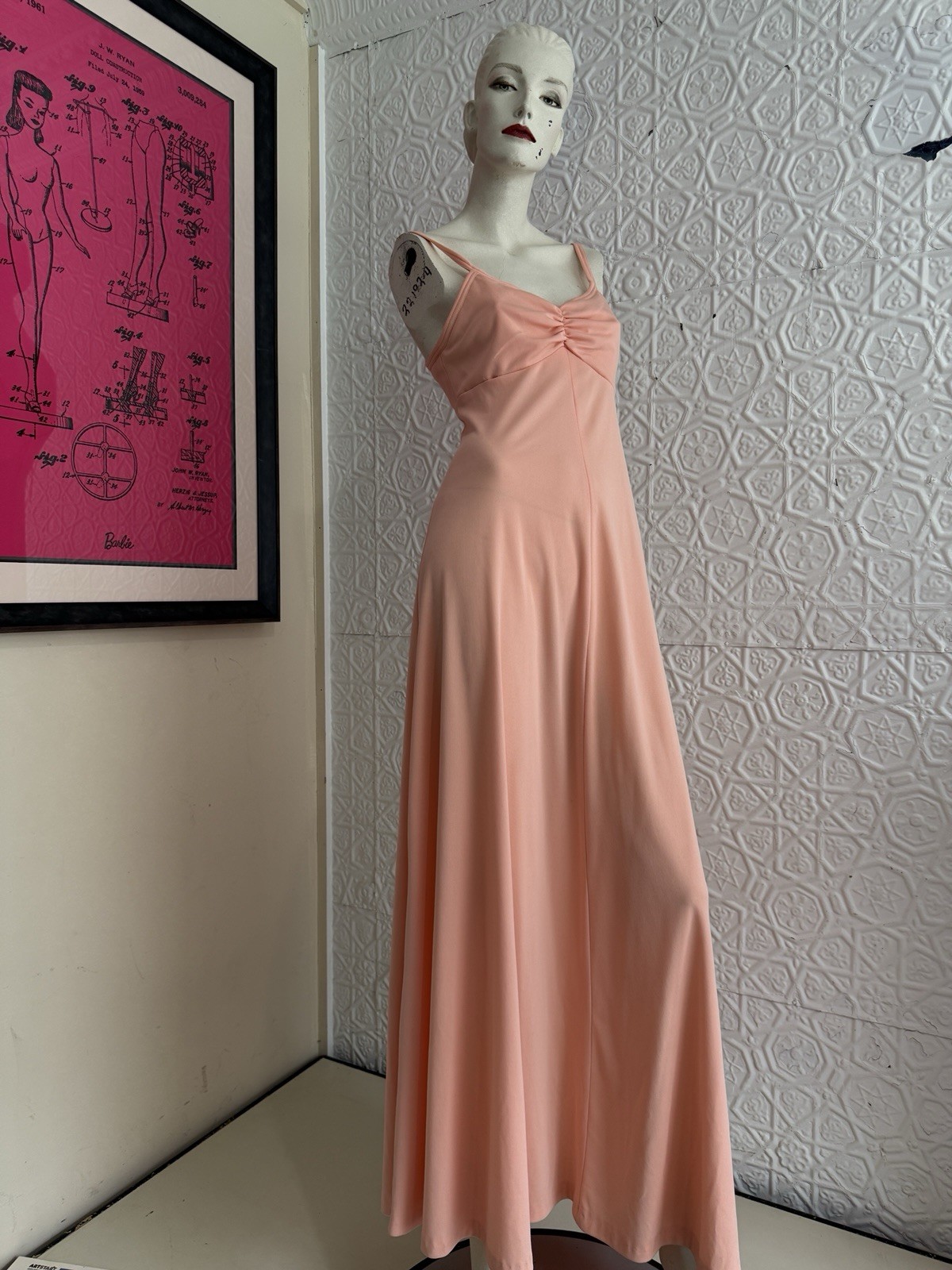 vintage 1970s peach gown-Prom-Party-Bridal-S/M orange maxi dress Femme pink