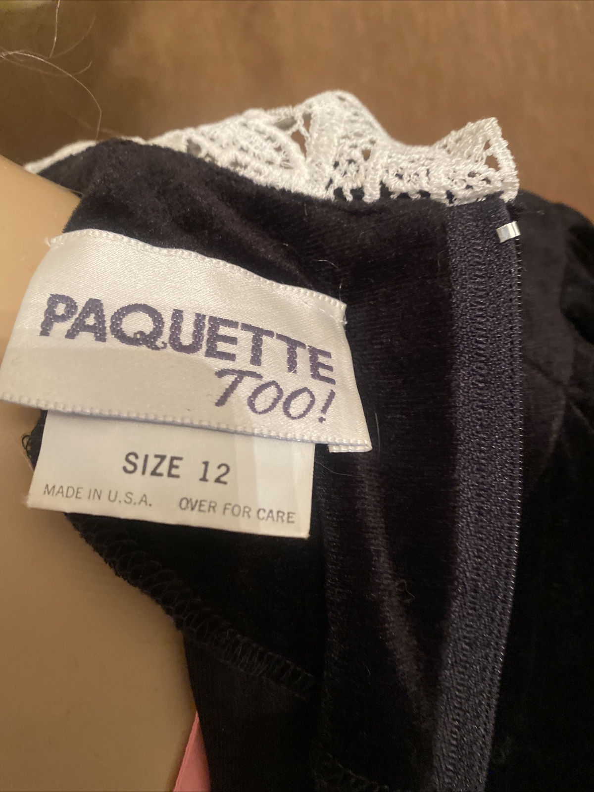Vintage Long Black Velvet Dress Lace Collar By Paquette Too! Size 12