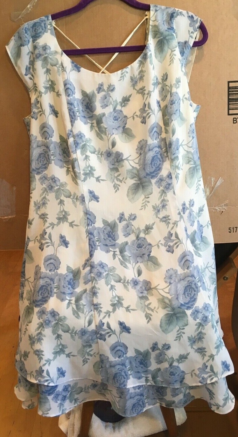 Vintage 80’s, Floral Print, Garden/Tea Party, Cream/Blue, Polyester,Size 12,USED