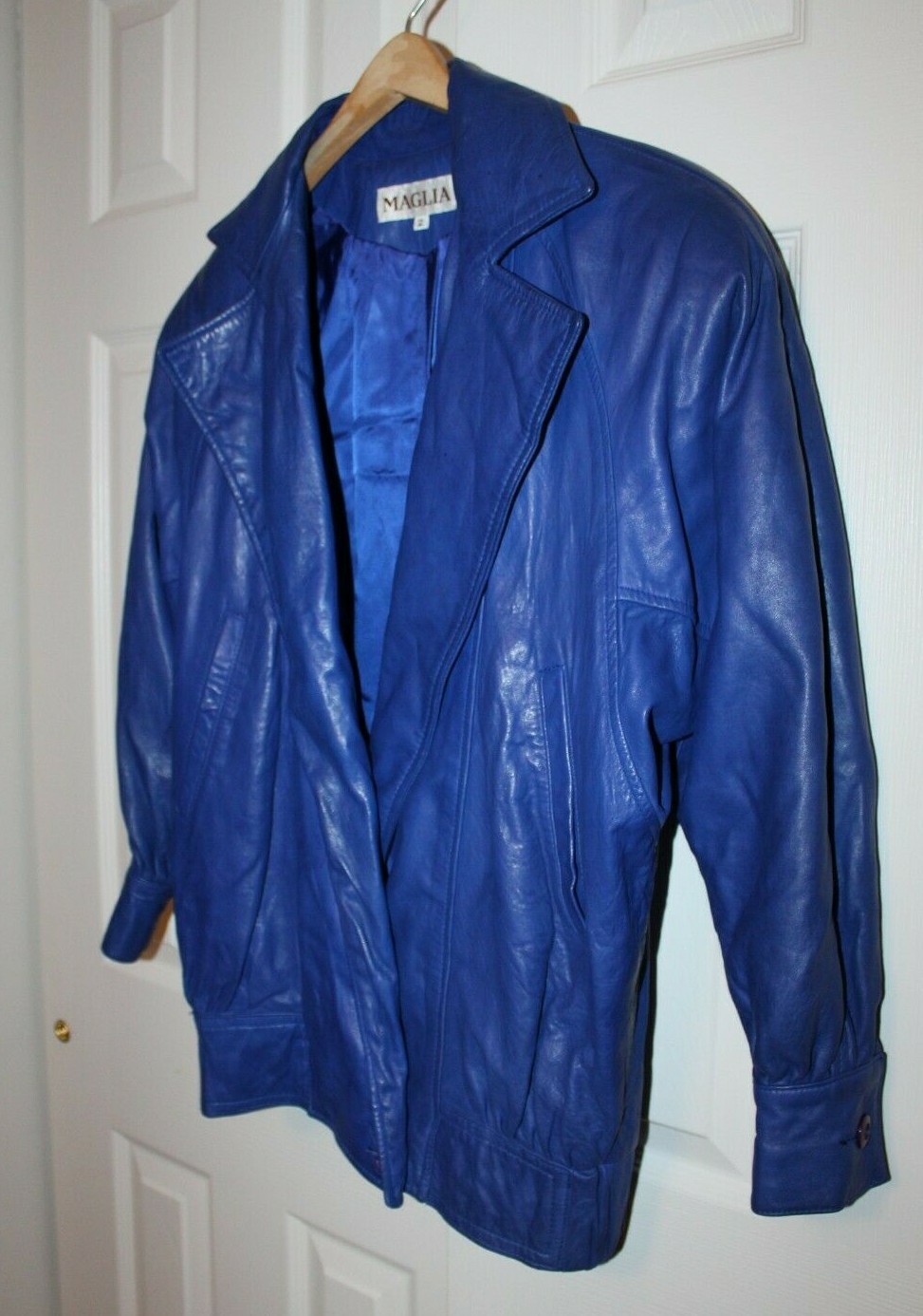 Vintage 80s MAGLIA Electric Blue Soft Leather Bomber Jacket Coat Women’s Size 2