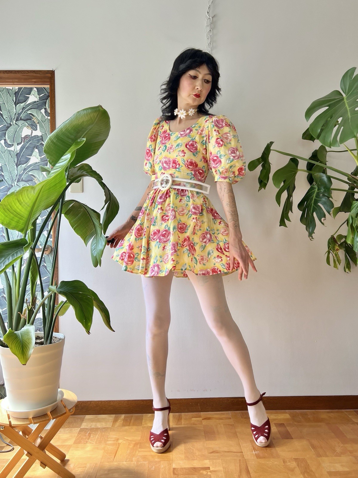 80s Jane Schaffhausen Cotton Prairie Mini Dress Puff Sleeve Floral XS