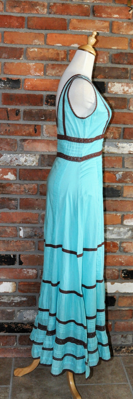 Vintage An Indian Summer Ruffle Blue Cotton Pintuck Prairie Boho LONG Maxi DRESS