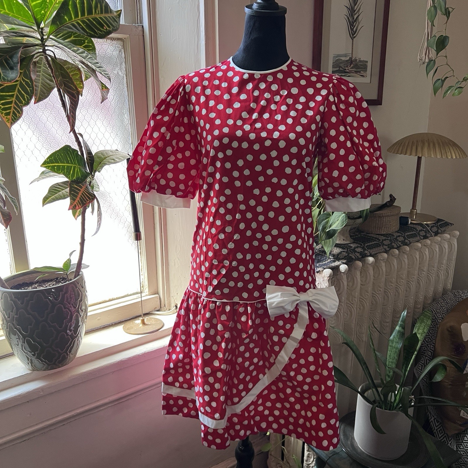 Vtg 80s 90s Picture Me Red White Polka Dot Puff Sleeve Dress – Size Teen 12