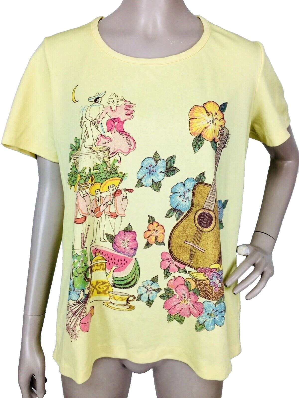 Vintage 70s Mexican Mariachi Band Flowers Dancing Music Summer Fruit Yellow Tee