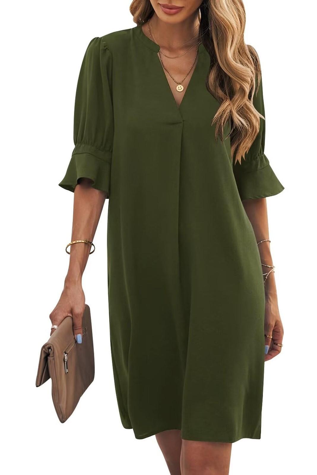 Wkior Shift Dress for Women V Neck Short Sleeves Solid Color Casual Flowy Sum…