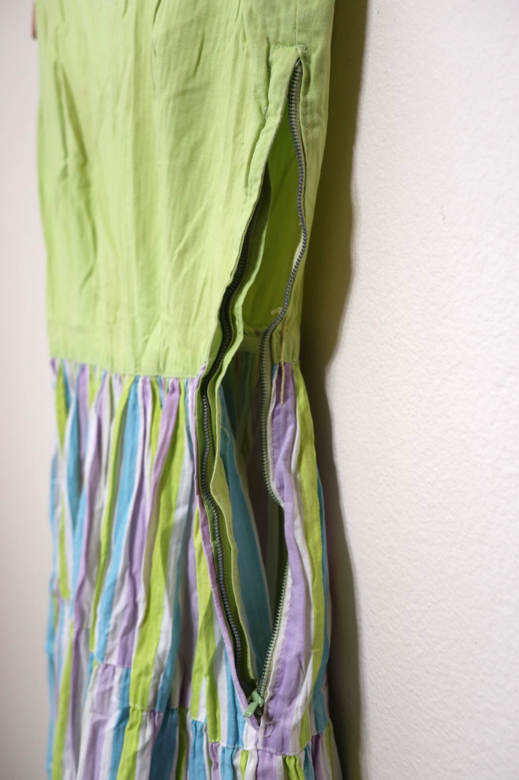 50s Abby Kent Chartreuse Stripe Sleeveless Tiers Full Skirt Day Dress Women XS 0