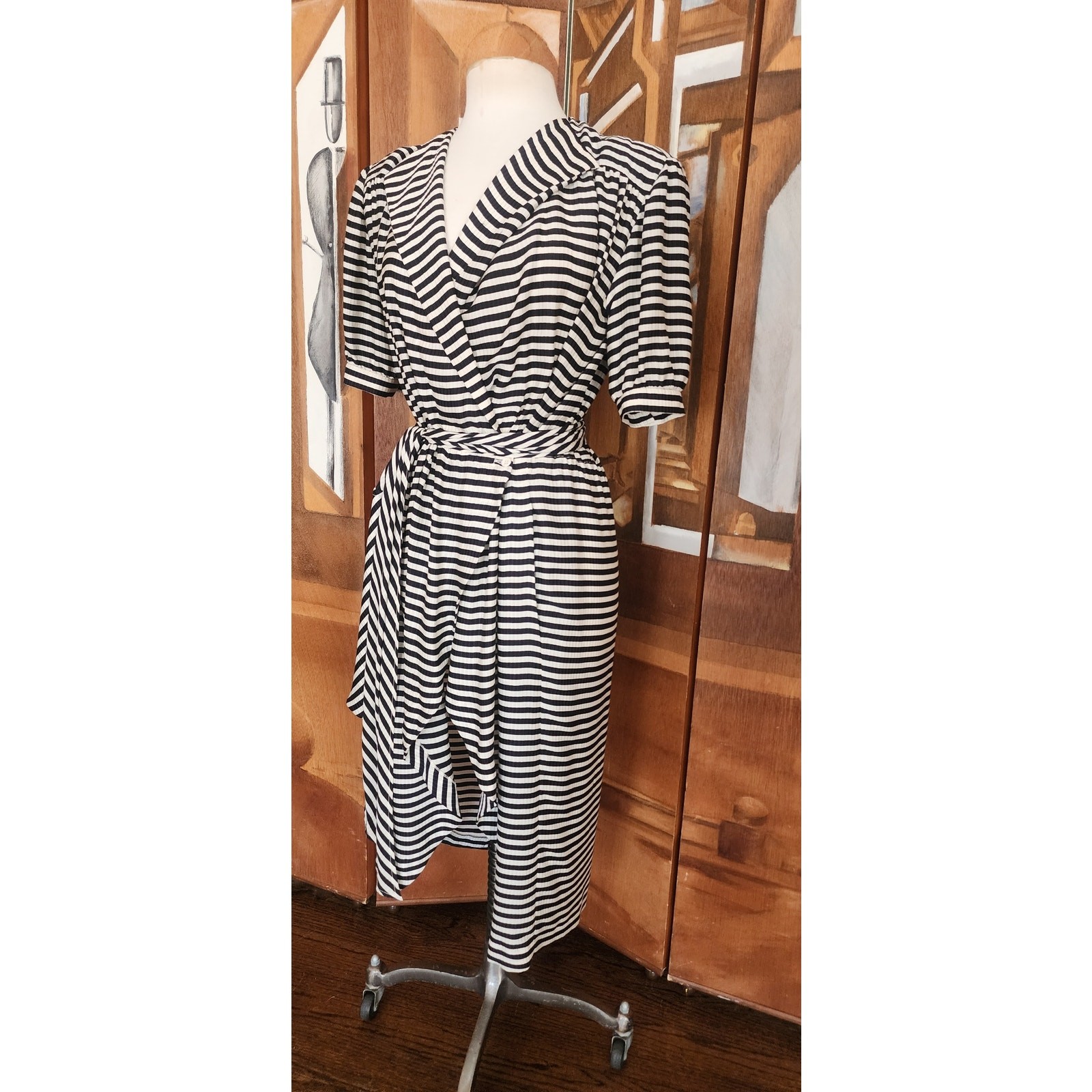 Vintage 1980s Archival Armani Dress Silk Striped Wrap Midi White Label IT 38