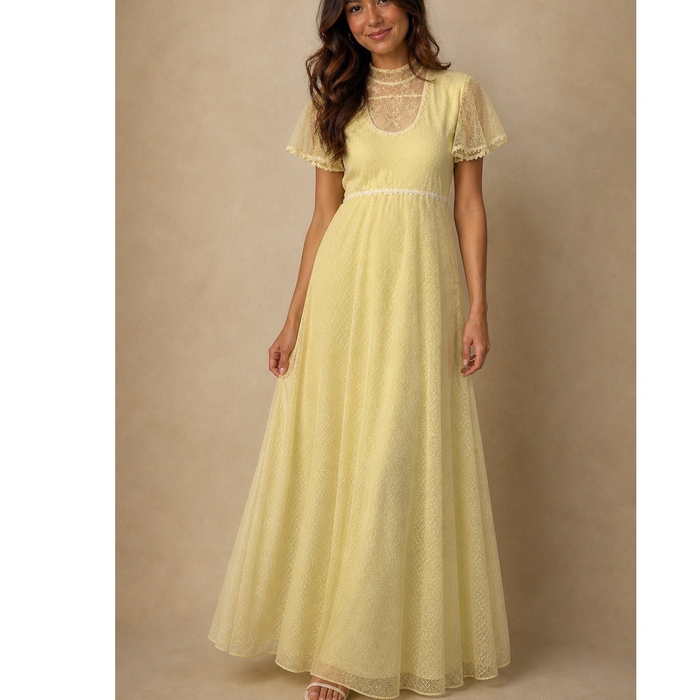 Vintage 70s Yellow Swiss Dot Lace Maxi Dress ILGWU Union Made Boho Prairie Sz 11
