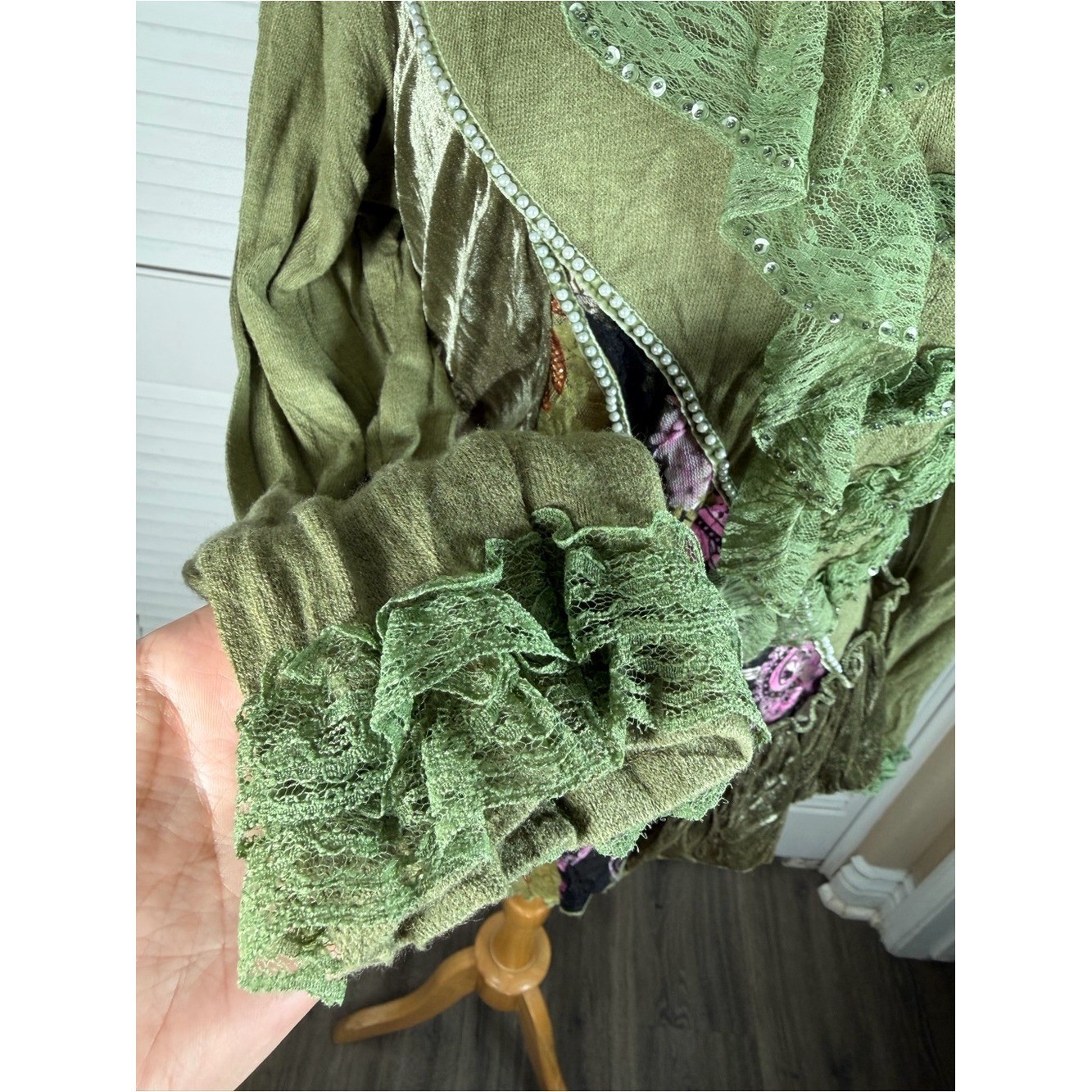 Olive Green Boho Patchwork Lace Tunic Top Fairy Grunge Y2K Boutique
