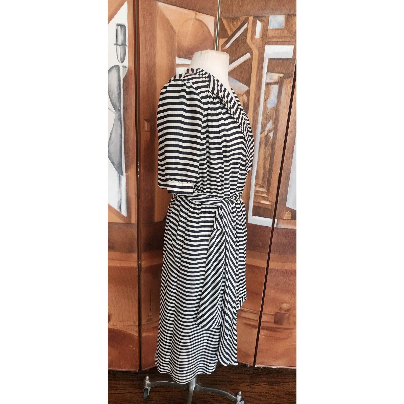 Vintage 1980s Archival Armani Dress Silk Striped Wrap Midi White Label IT 38