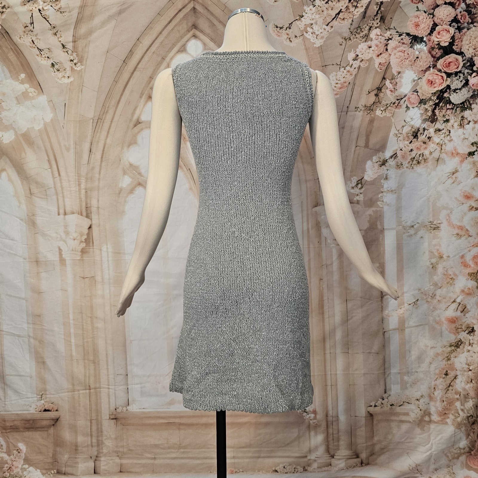 Vintage 1960’s Dress Minidress Silver Gray Metallic Knit Sleeveless Retro Disco