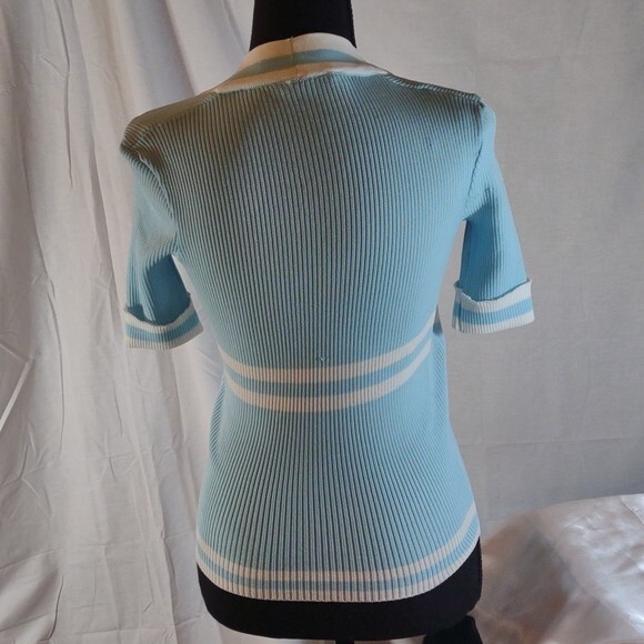 Vintage 70’s Light Blue w/White Stripes Short Sleeve Cardigan w/ Faux Tank – M