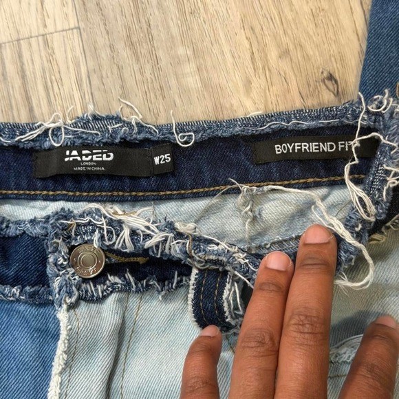 Skater Eclectic Jaded London Frayed Patchwork Panel Jeans Blue Denim Size W25
