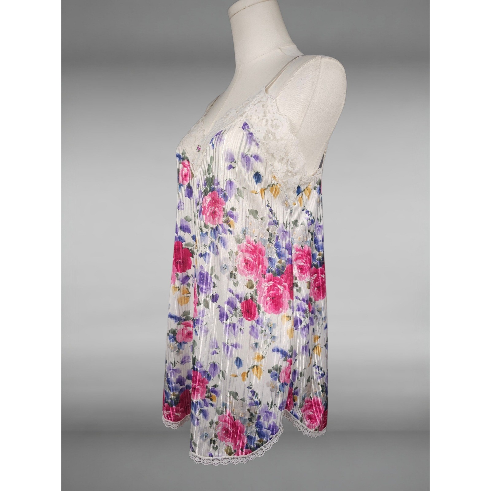 Vintage Y2K Floral Satin Stripe Lace Trim Chemise Slip Nightgown Coquette White
