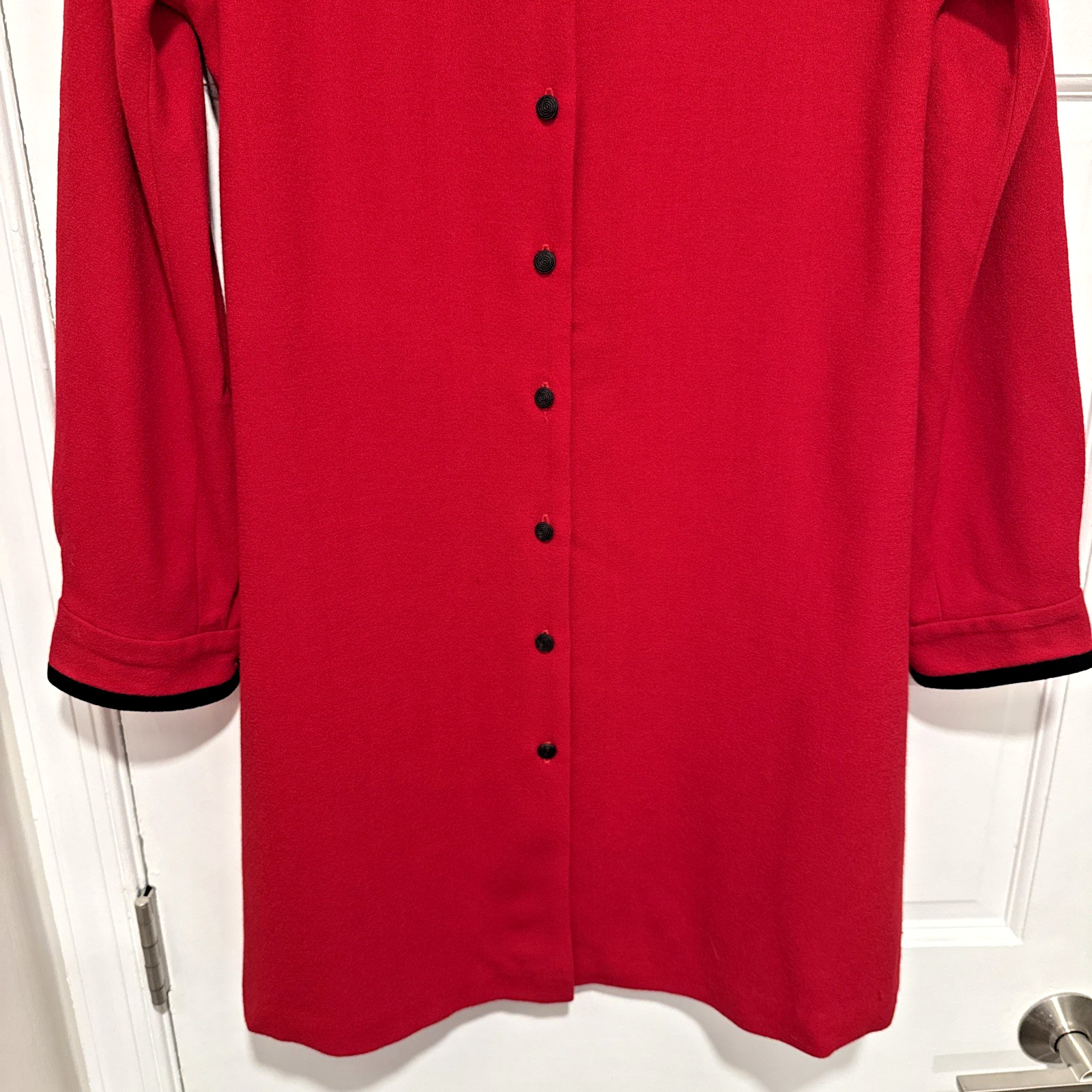 VTG Evan Picone Red Wool Dress Mandarin Collar Blk Trim 80s Power Dress Sz. 4