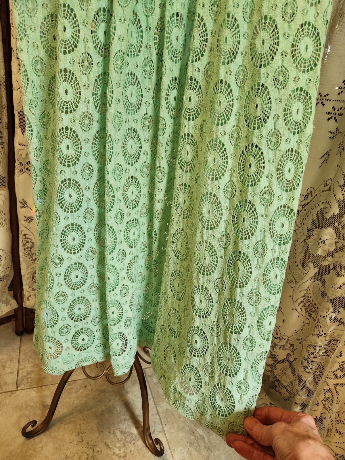 1930s Aqua Cotton Crochet Lace Dress with Cap Sleeves and Pockets XS