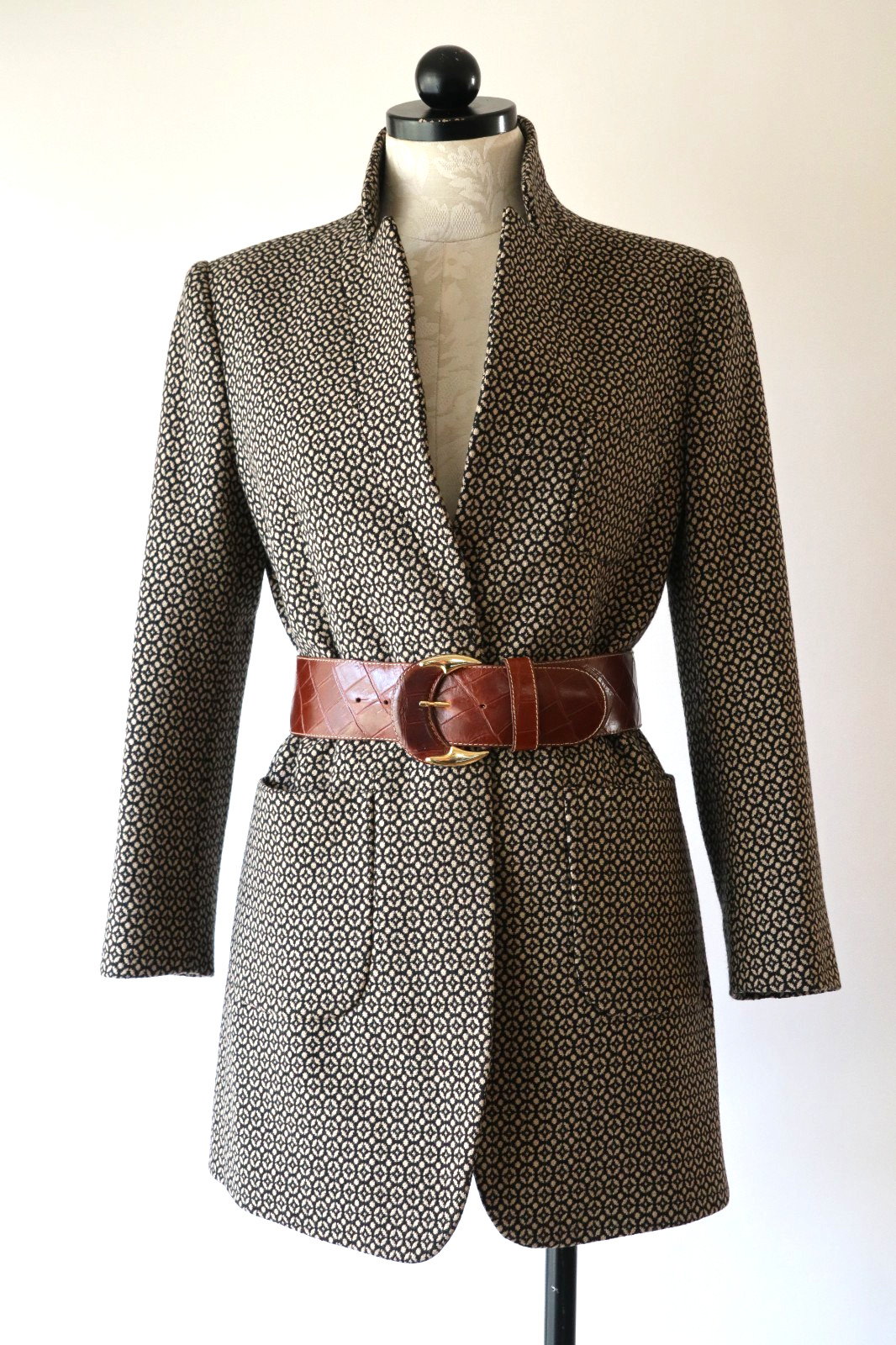 Y2K Stile Benetton Brown Cotton Wool Dot Mosaic Minimalist Short Coat Women XS S