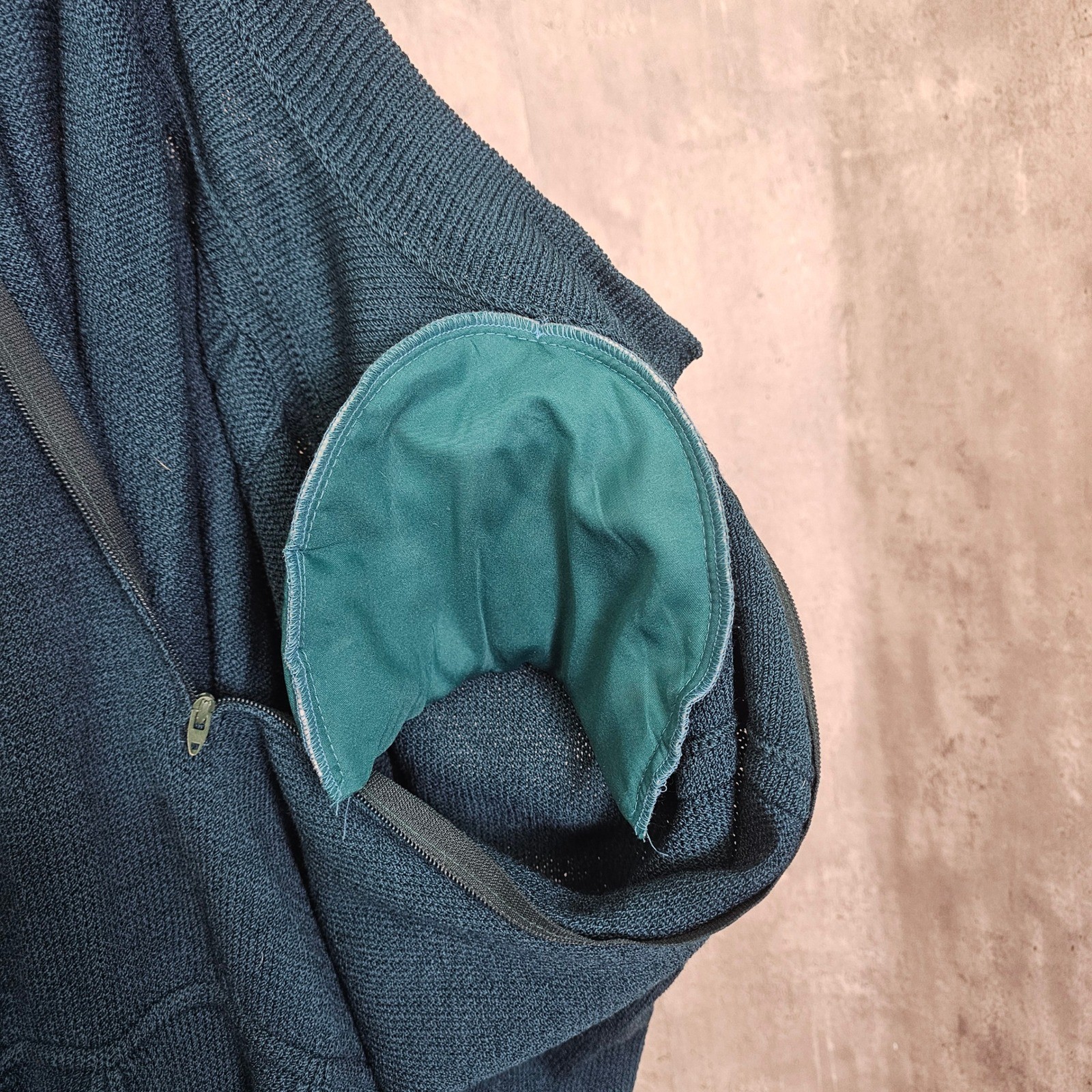 Vintage St John Marie Gray Knit Dress Teal Green Mock Neck 80s 90s FLAWED AS IS