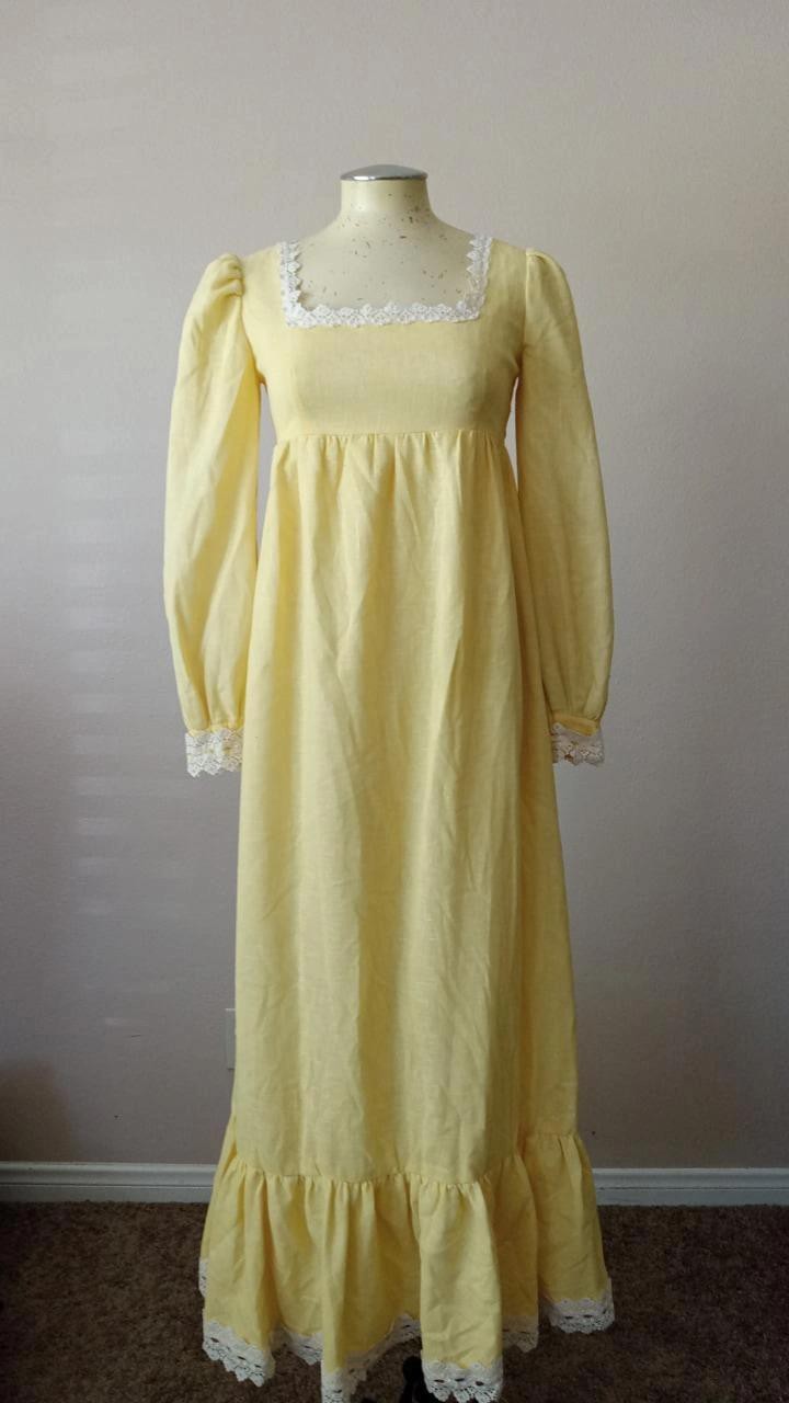 Vintage 70s Womens Prarie Dress SzM Lace Boho Hippie Empire
