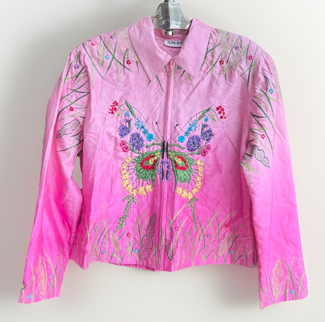 VTG Anage Silk Ombre Pink Butterfly Embroidered Beaded Full Zip Jacket Sz XL