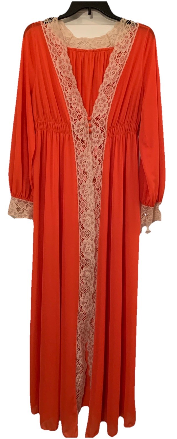 Vintage Gossard Artemis Pegnoir Kimono Robe Size M Vibrant Coral Lace Trim Flaw
