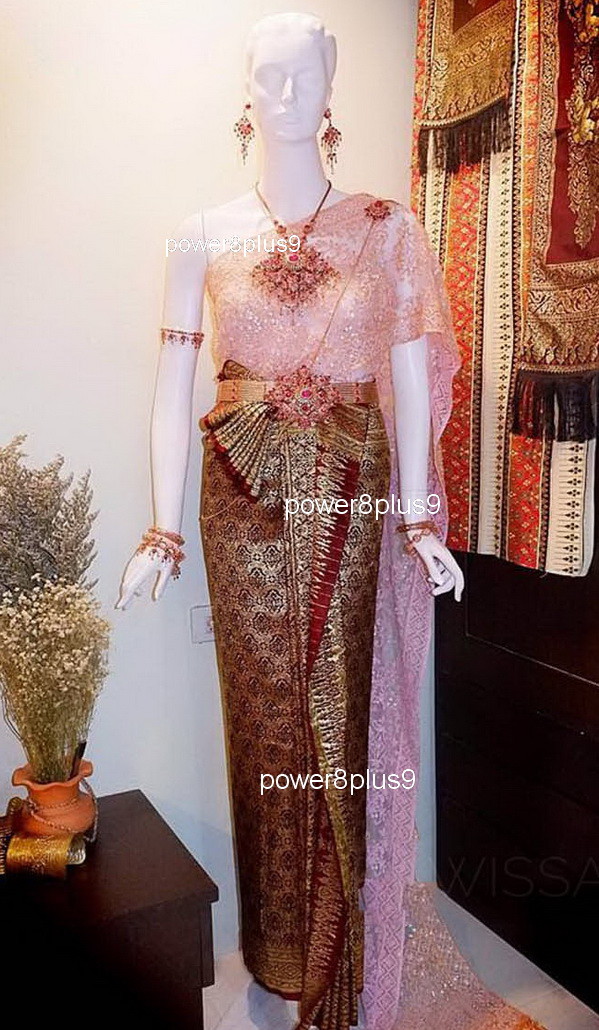 Women Dress Vintage Thai Lao Lace Shawl Bead Wedding Evening Long Elegant Party