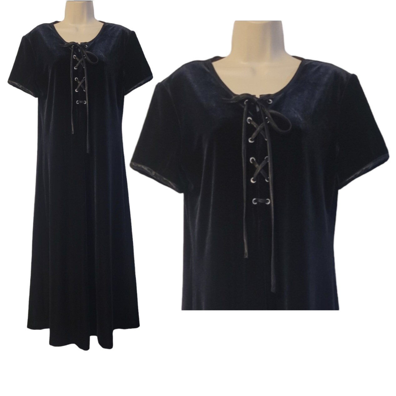 Vintage 90s Panache Velvet Dress Black Tie At Neck Satin Trim Sz 10 Medium