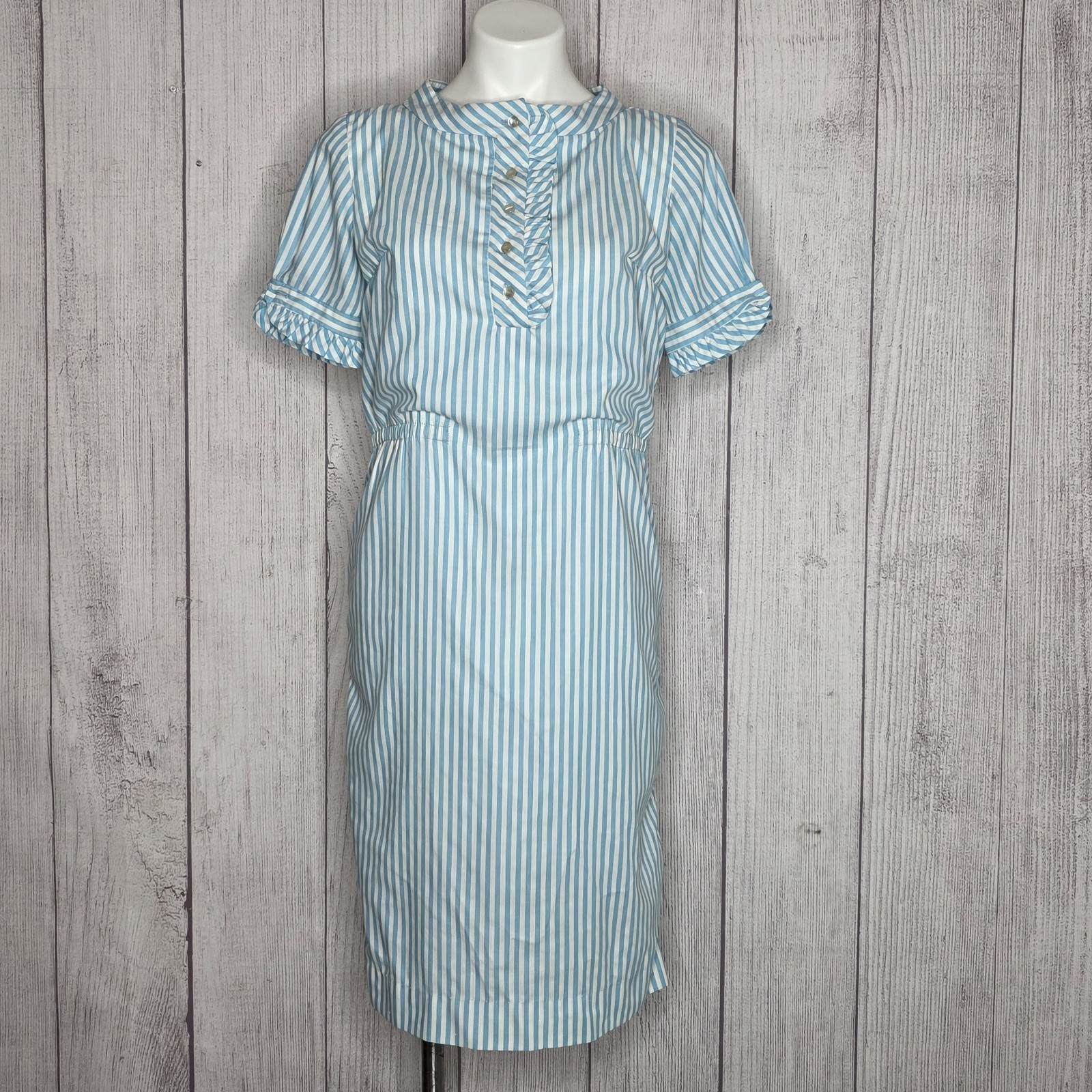 VTG 60s 70s Fritz Mar Blue White Stripe Mod Secretary Midi Dress Ruffle