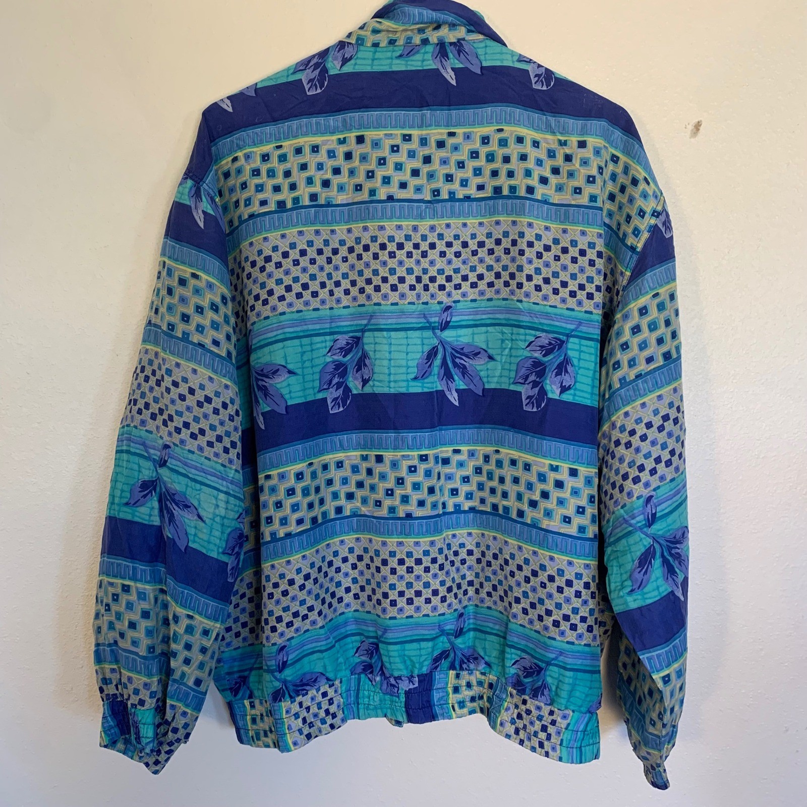 Fuda International Silk Jacket Womens Large Blue Green Pattern Full Zip Y2K