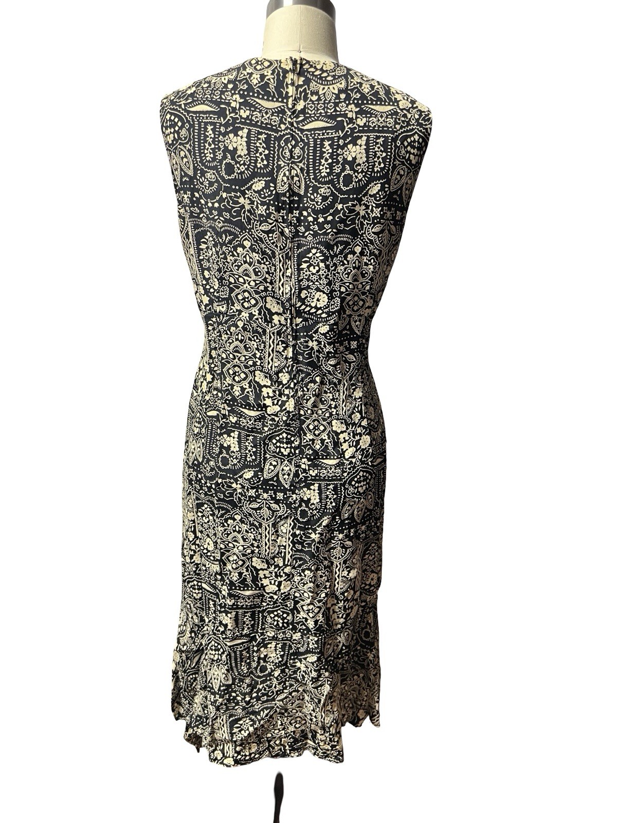 Vtg 90s Paisley Hi-Low Hem Midi Dress Womens 15/16 Black Cream Rayon Boho Grunge