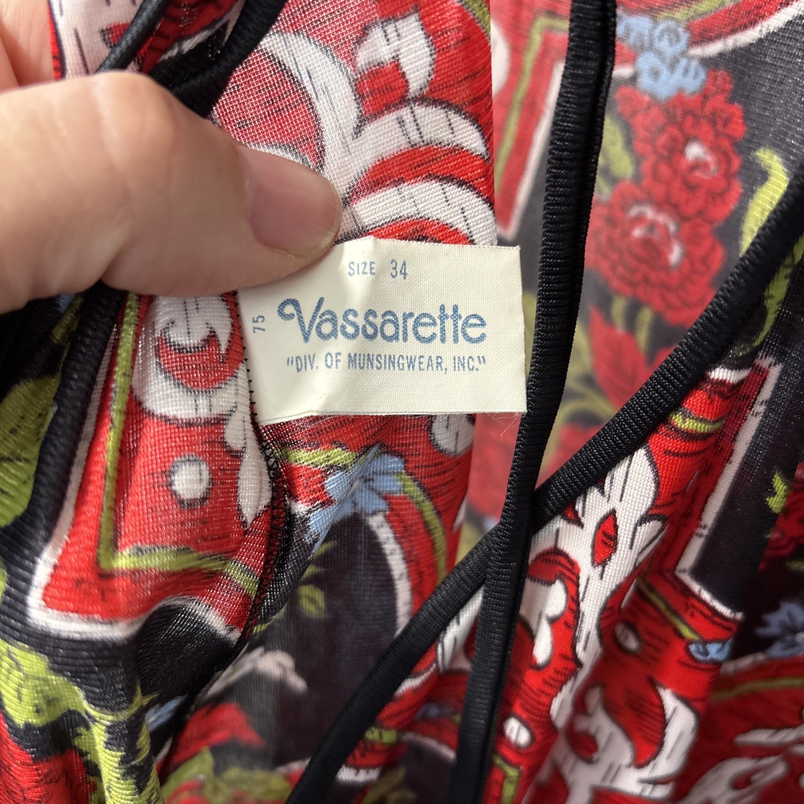 Vintage Vassarette Long Nightgown Maxi Slip Dress Red Floral Tie Open Back Sz 34