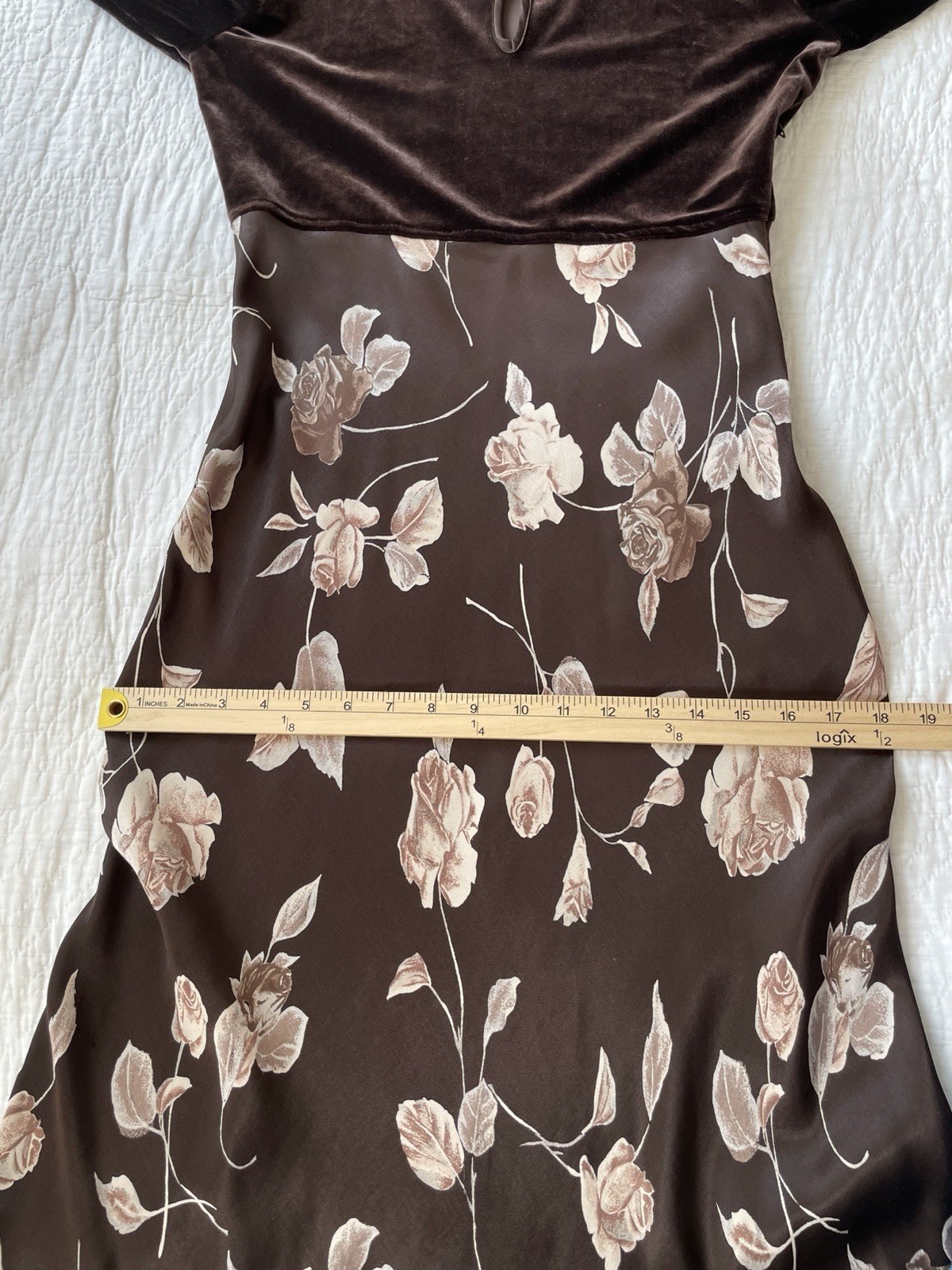 Vintage S M Dress Maxi Velour Satin Rose Floral print 90s Brown VGUC