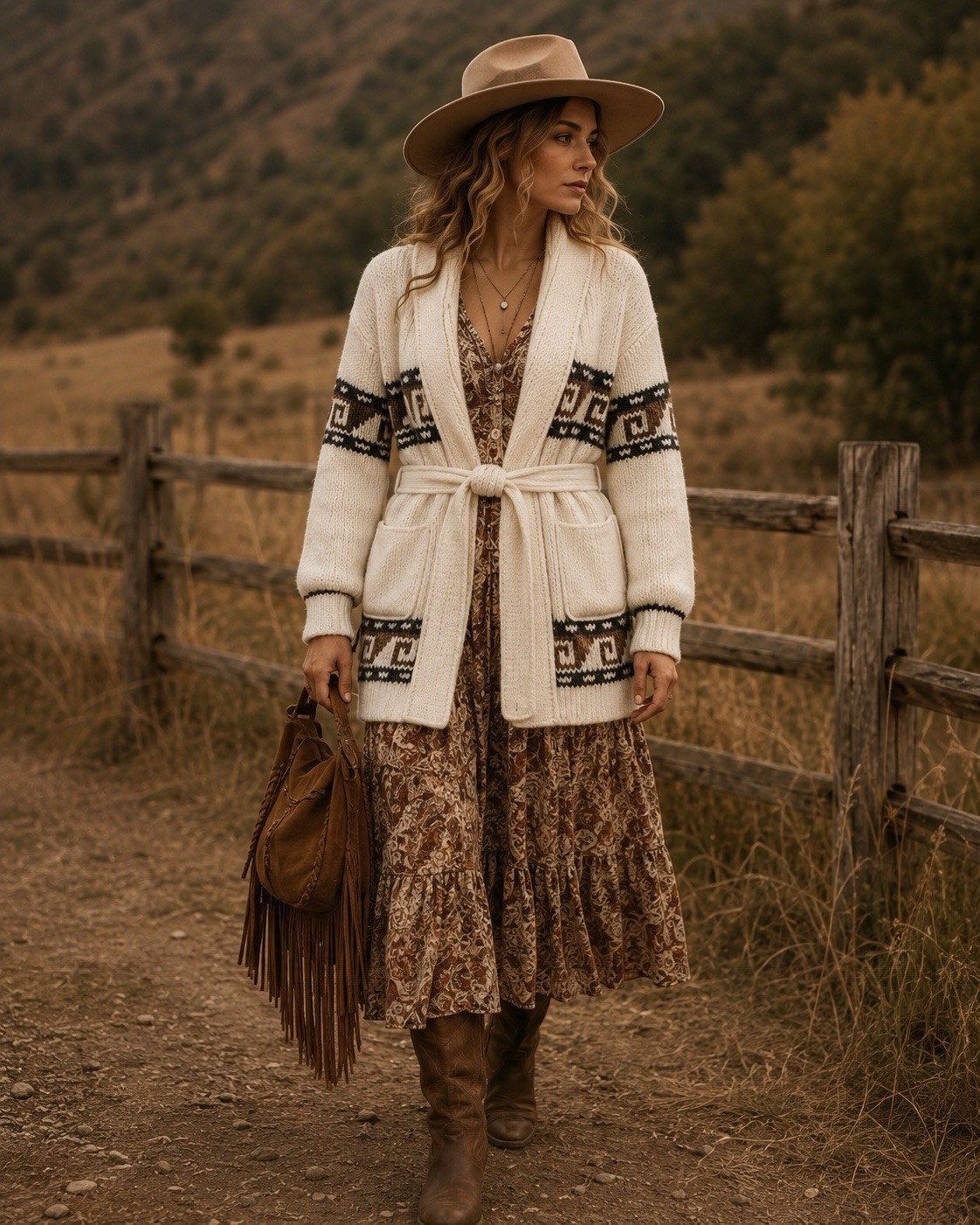 C1 VTG Boho Western WHITE Chunky Knit Cardigan Shawl Collar Belted AZTEC Pockets