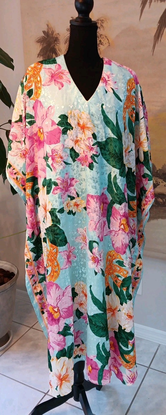 Vintage Amber Blue Kaftan, Muumuu, Dress, Tropical Pink, Green, Blue, Free Size