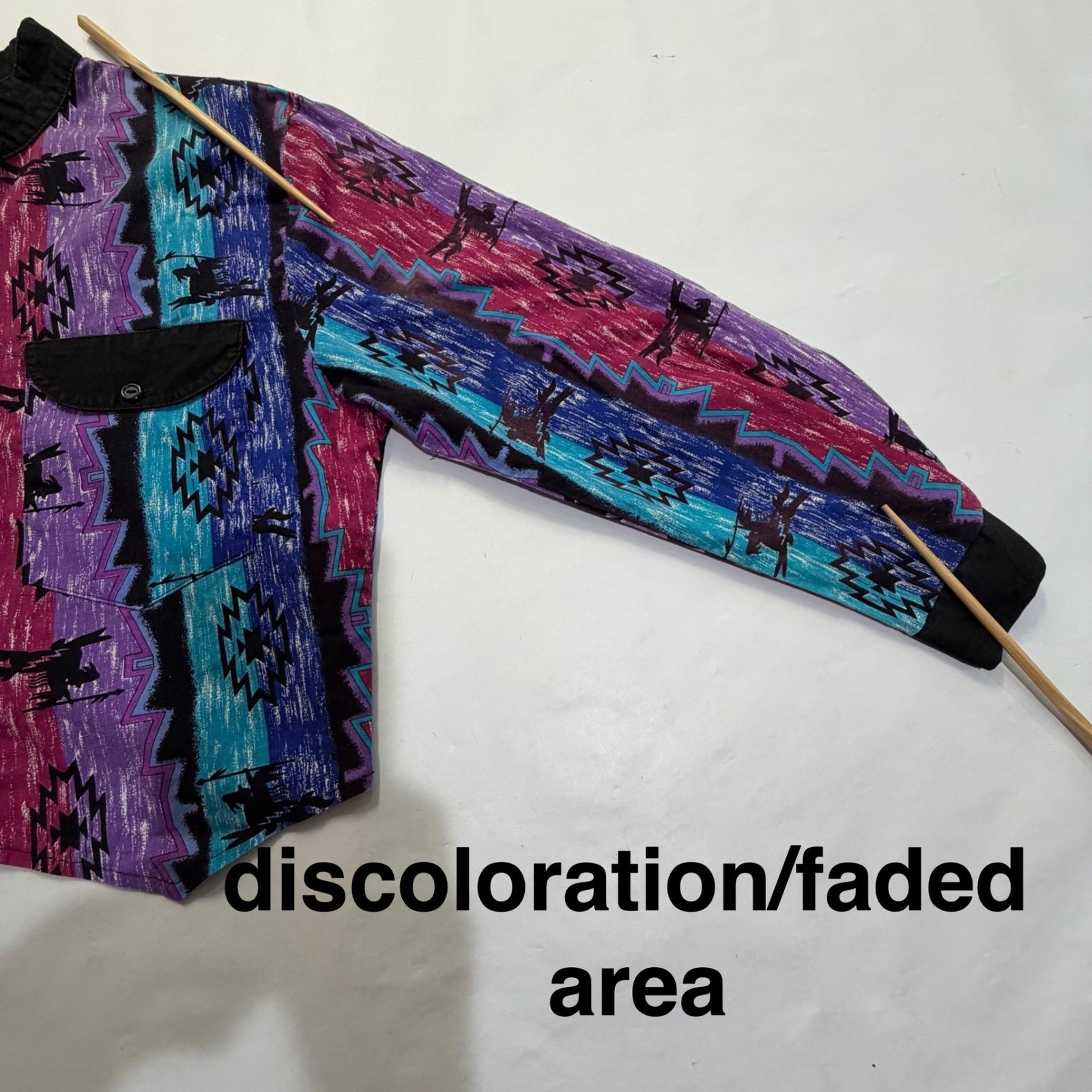 VTG 80s Ozark Mountain Southwestern Tribal Print Button Up Shirt Purple Teal
