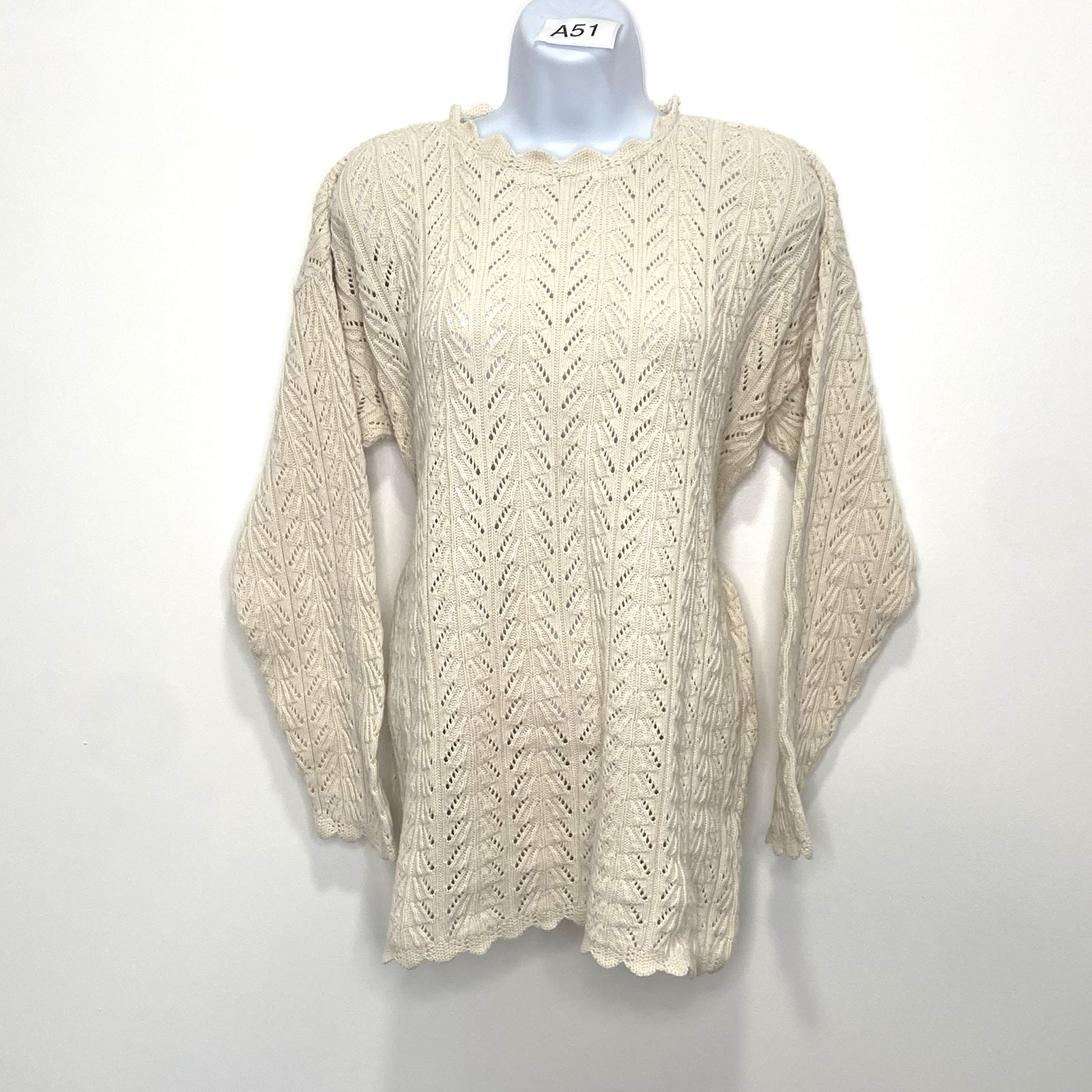 Vintage Sunbelt Sportswear 100% Cotton Cream Open Knit Sweater Scalloped Boho