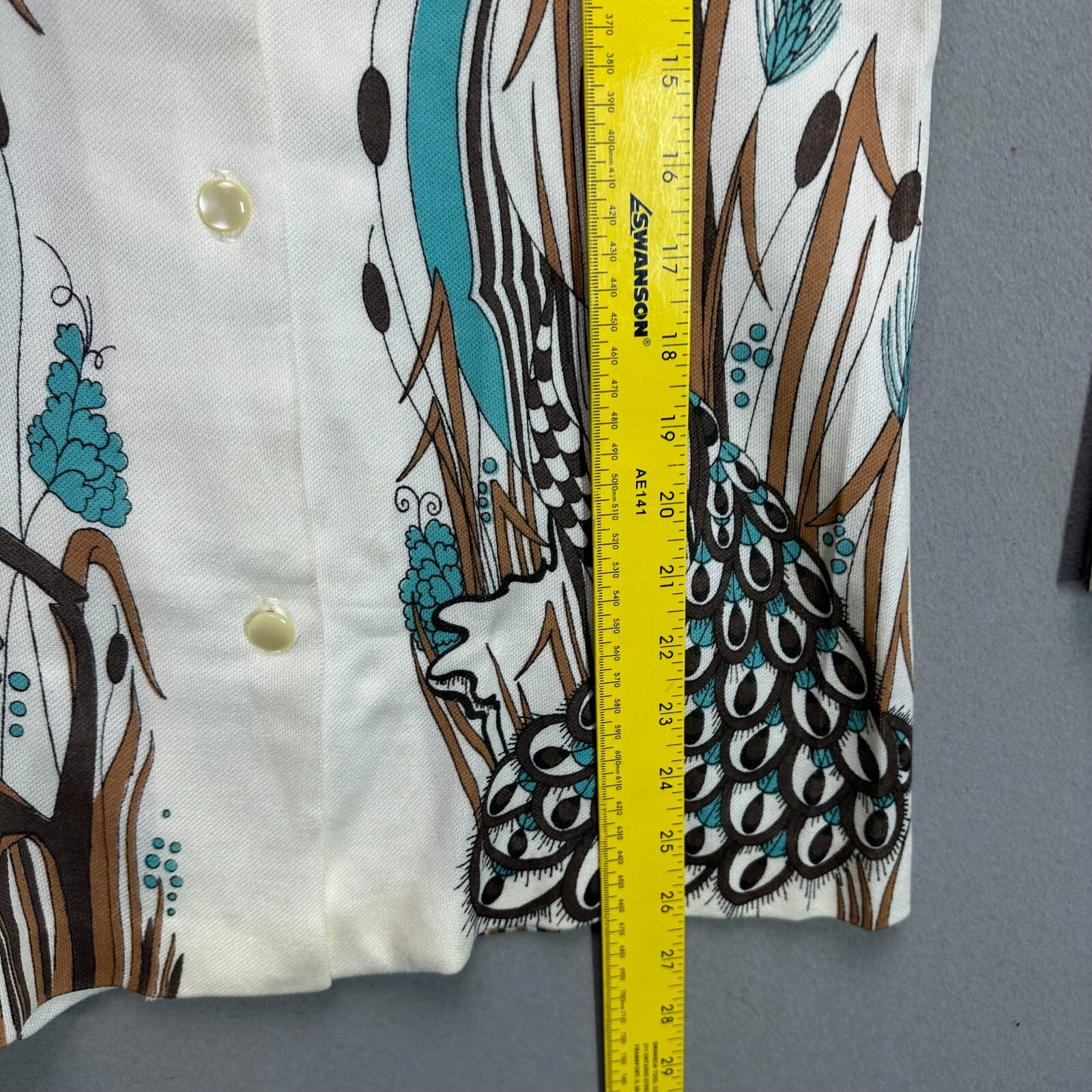 Vintage 70s Disco Shirt Womens M Polyester Peacock Feathers Teal Fall Holiday