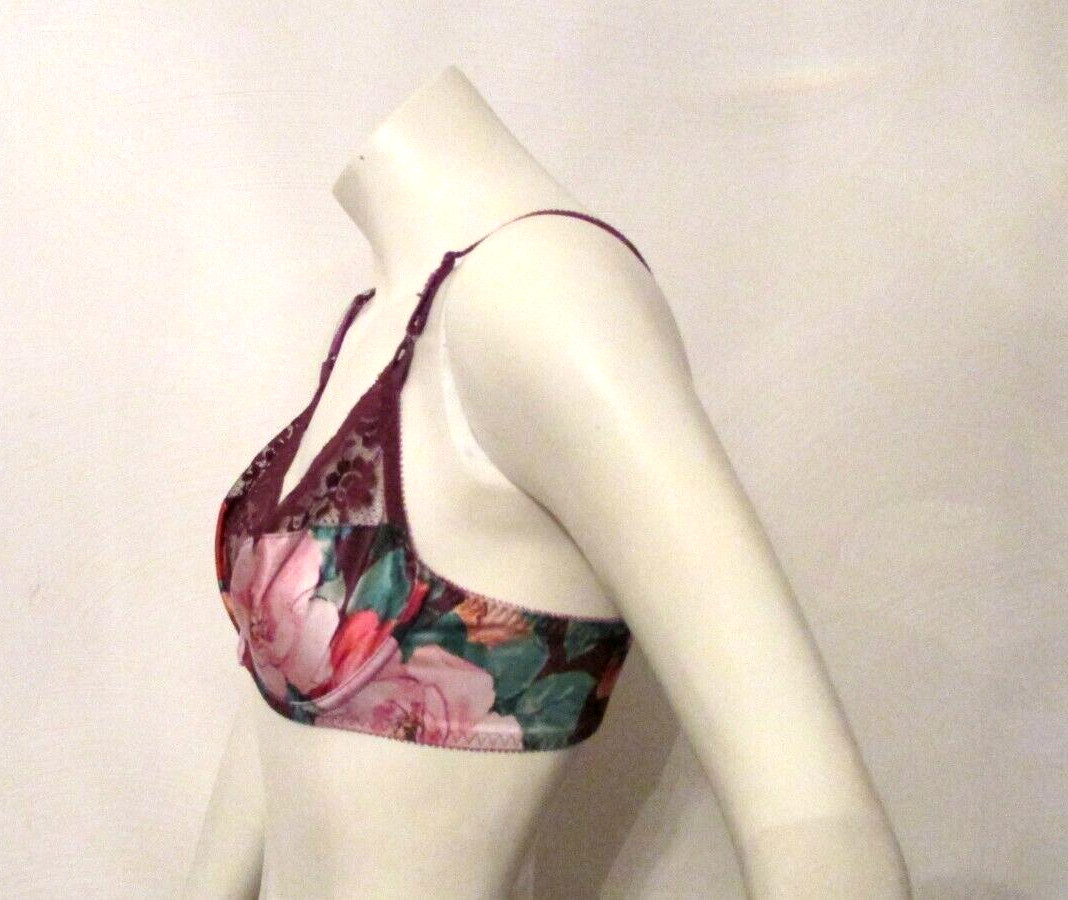 Maidenform Chantilly 7329 Floral Print Silky Satin Purple Lace Underwire Bra 36B